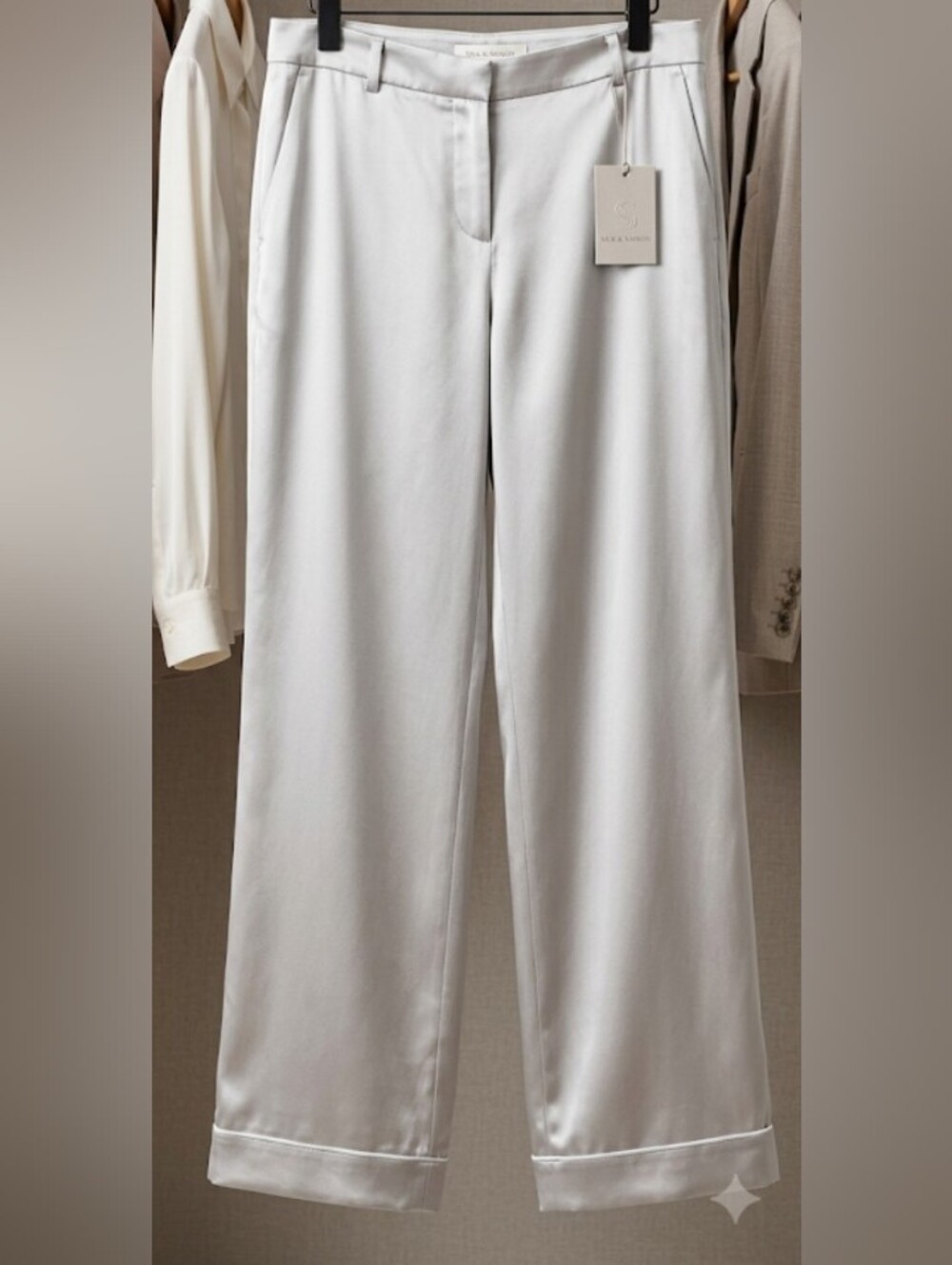 Max Mara Silver Satin Wide Leg Mid Rise Trousers (Sz 12) Designer Luxury